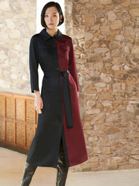 Two-Tone Belted Crepe de Chine Shirt Dress, Scarlet Red/Black | Misook