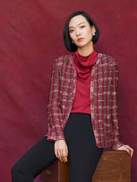 Eyelash Tweed Plaid Knit Jacket, Scarlet Red/Mahogany/Italian Clay/Biscotti/Black | Misook