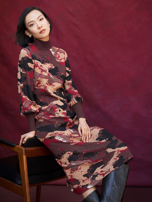 Landscape Pattern Soft Knit Midi Dress, Scarlet Red/Mahogany/Italian Clay/Biscotti/Black | Misook