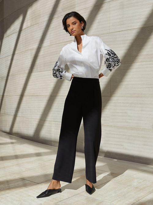Floral Embroidered Puff Sleeve Cotton Blouse, White/Black | Misook
