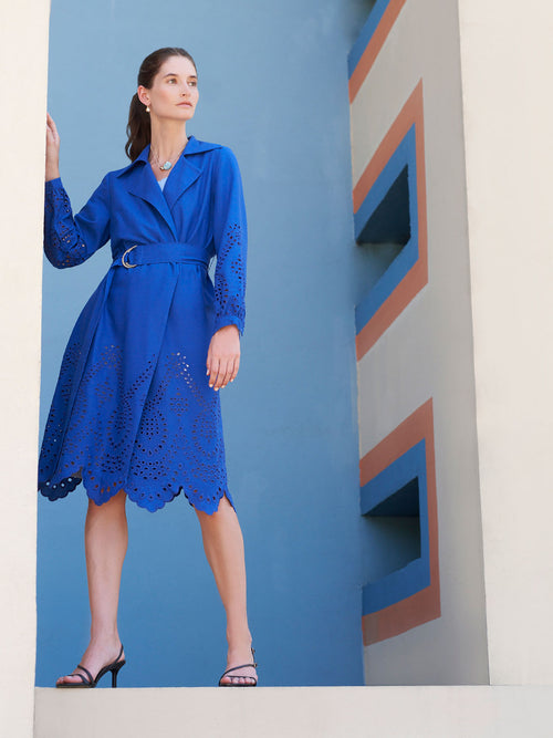Eyelet Trim Belted Cotton Blend Jacket, Satin Sky | Misook