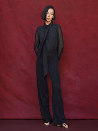 Tie-Neck Mixed Media Jumpsuit, Black | Misook