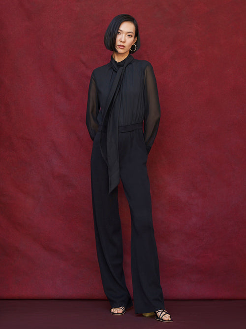 Tie-Neck Mixed Media Jumpsuit, Black | Misook