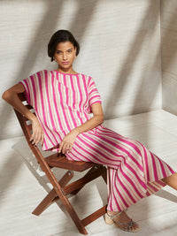 Bold Vertical Stripe Relaxed Knit Tunic, Wildberry Pink/Biscotti | Misook