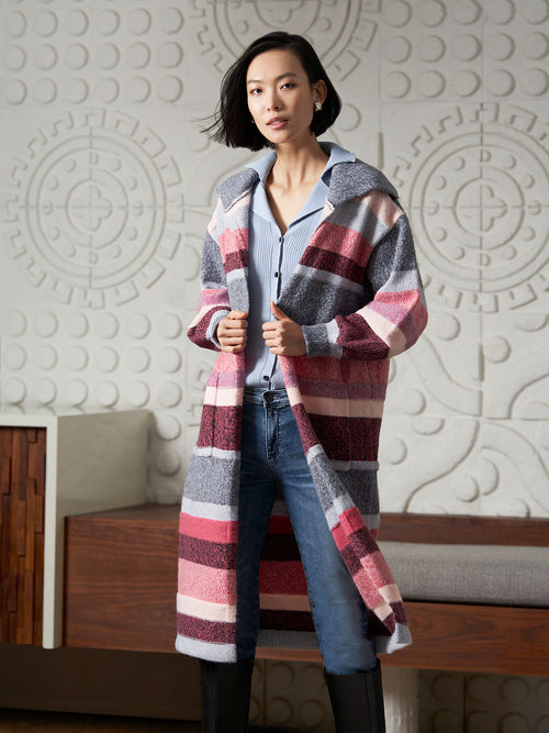 Striped Patch Pocket Cozy Knit Duster, Rapture Rose/Slate Grey/Vintage Blue/Pale Pink/Black | Misook