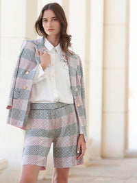 Bold Plaid Tweed Knit Shorts, Rose Petal/Macchiato/Spruce/Biscotti/White | Misook