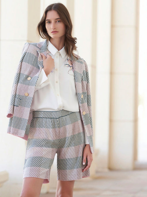 Bold Plaid Tweed Knit Shorts, Rose Petal/Macchiato/Spruce/Biscotti/White | Misook