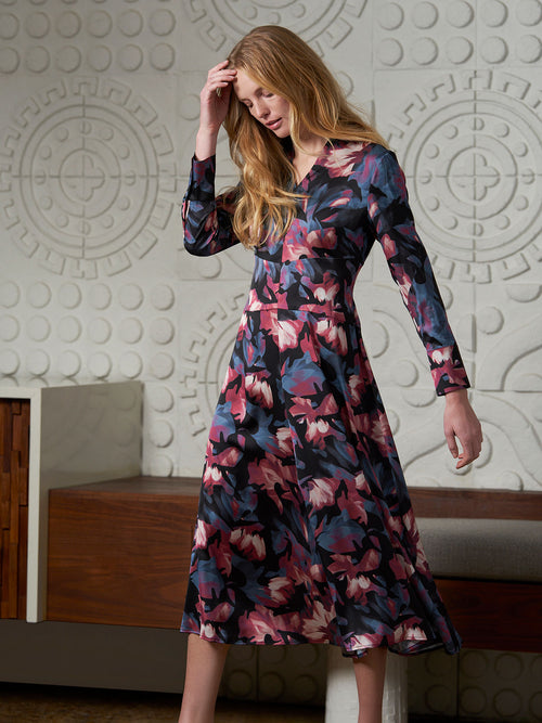 Midnight Floral Crepe de Chine Midi Dress, Rapture Rose/Slate Grey/Vintage Blue/Pale Pink/Black/New Ivory | Misook