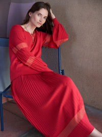 Burnout Accent Pleated Soft Knit Maxi Skirt, Sunset Red | Misook