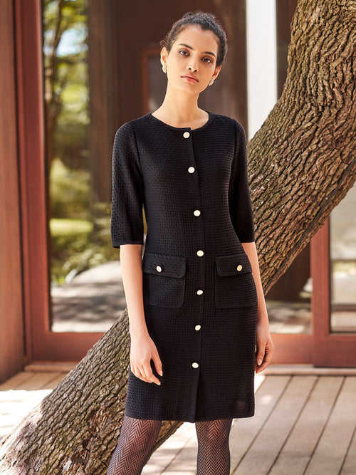 Button Accent Sheath Knit Dress, Black | Misook