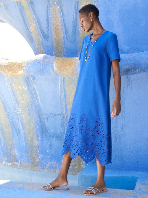 Eyelet Trim Cotton Blend Midi Dress, Satin Sky | Misook