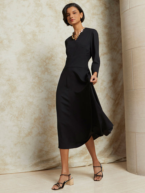 Structured Waist Crepe de Chine Dress, Black | Misook