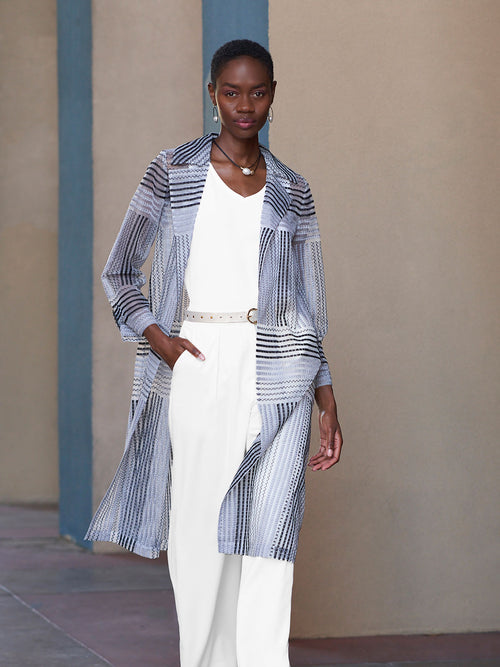 Embroidered Stripe Sheer Organza Duster, Black/White | Misook