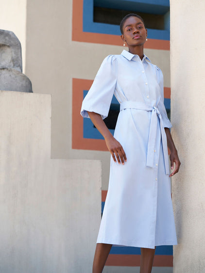 Puff Sleeve Cotton Midi Shirtdress