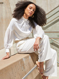 Sheer Crystal-Studded Balloon Sleeve Chiffon Blouse, White | Misook