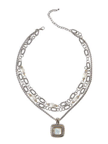 Pearl Square Pendant Two-Tone Necklace
