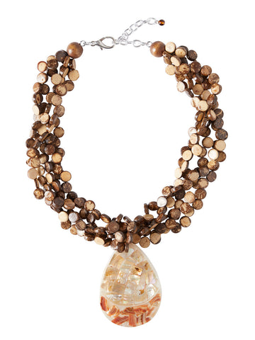 Lucite Pendant Wood Bead Multistrand Necklace