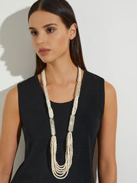 Lucite and Wood Long Layered Necklace, Ivory | Misook