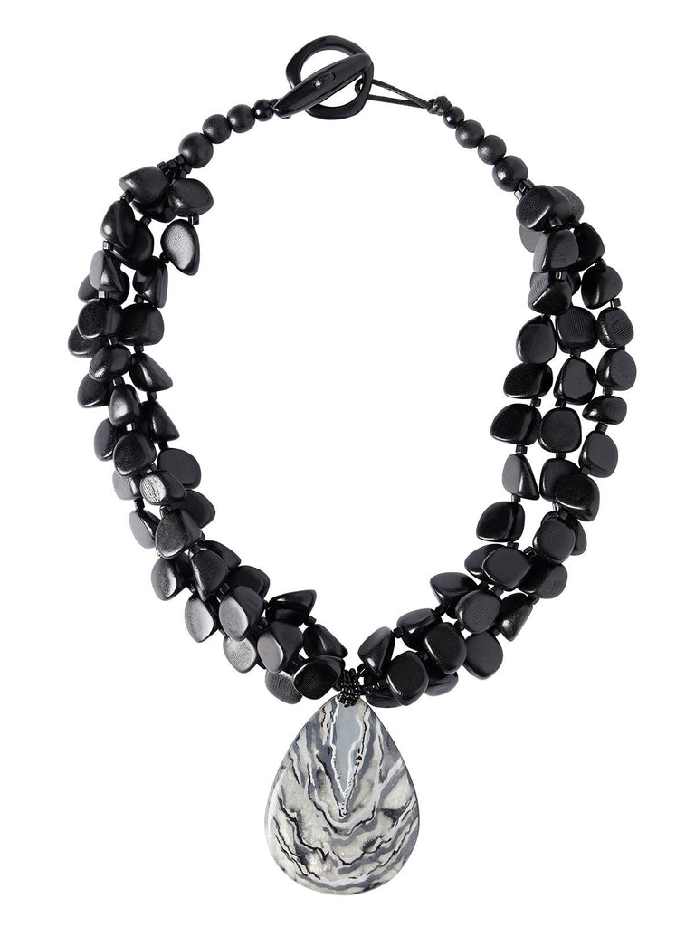 Marbled Pendant Multistrand Necklace, Black | Misook