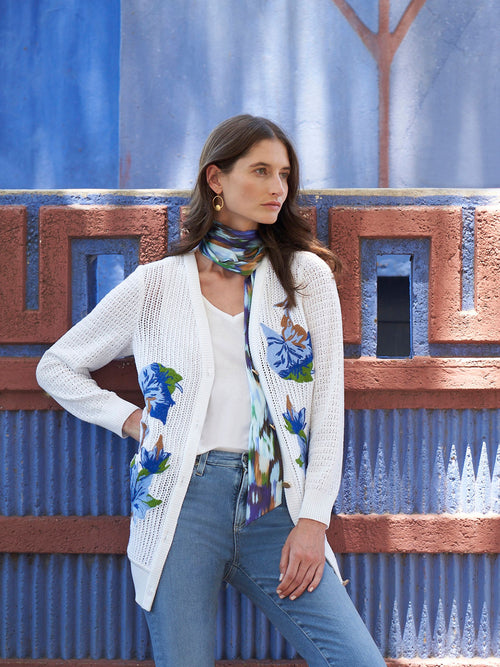 Embroidered Pointelle Knit Boyfriend Cardigan, White/Satin Sky/Cirrus Blue/Matisse Green/Italian Clay | Misook