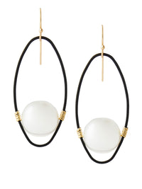 Cord Accent and Pearl Drop Pierced Earrings, Black/Gold | Misook