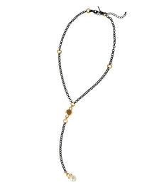Black Link Long Pearl Pendant Necklace, Black/Gold | Misook