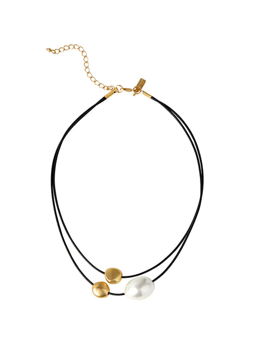 Dual Cord Pearl and Gold Pebble Necklace, Black/Gold | Misook