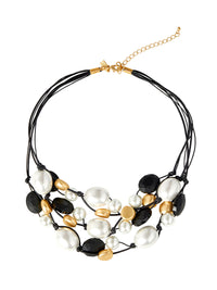 Multi-Cord Black and Pearl Pebble Necklace, Black/Gold | Misook