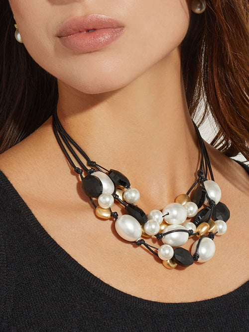 Multi-Cord Black and Pearl Pebble Necklace, Black/Gold | Misook