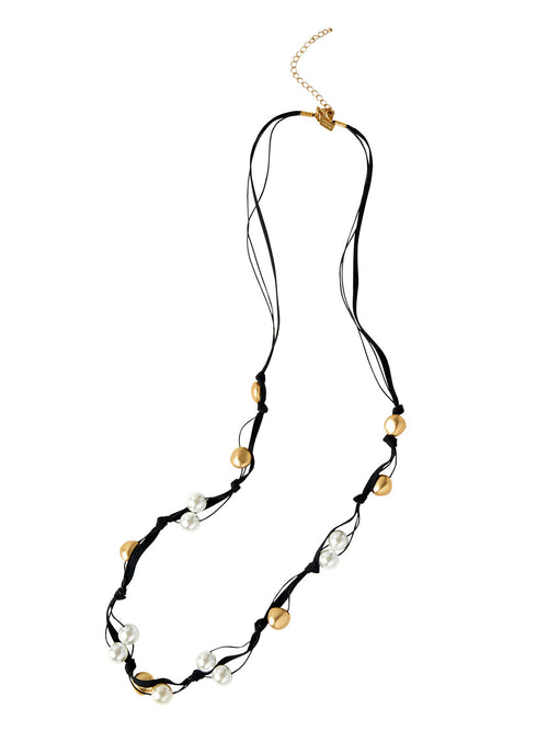 Pearl and Gold Suede Cord Necklace, Black/Gold | Misook