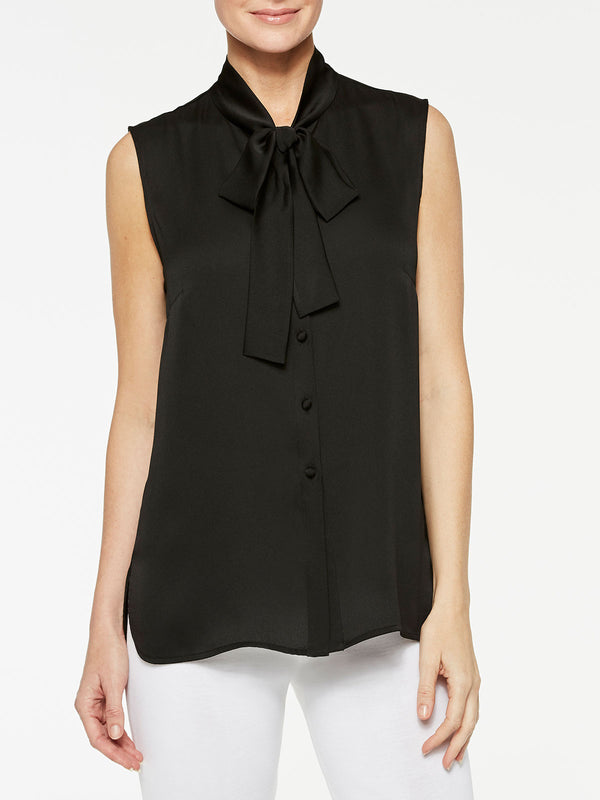Tie-Neck Crepe de Chine Blouse, Black, Black | Misook