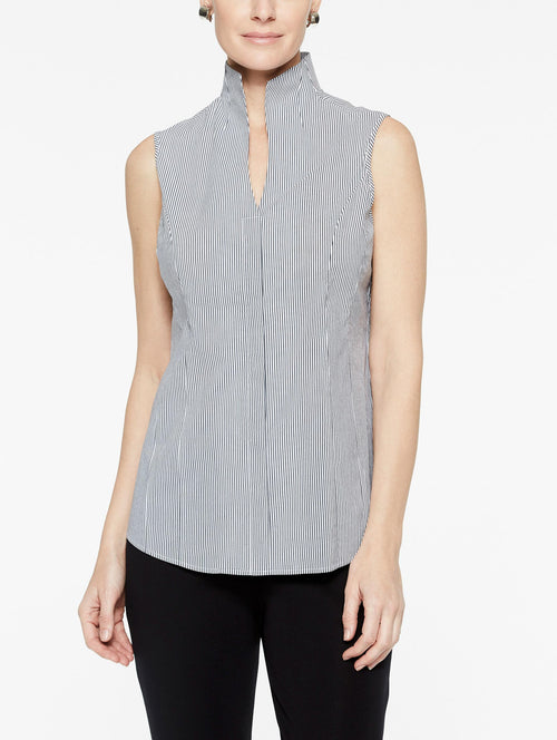 Pinstripe Sleeveless Stretch Cotton Blouse, Black/White | Misook