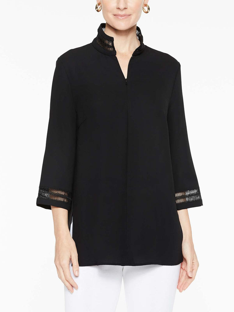 Lattice Trim Crepe de Chine Tunic, Black | Misook