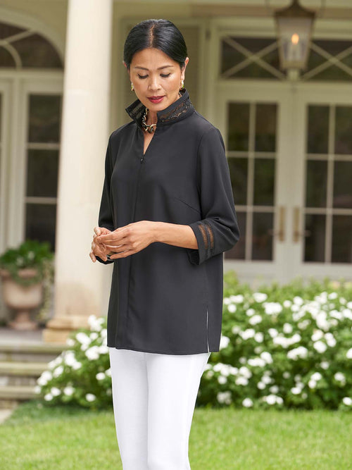 Lattice Trim Crepe de Chine Tunic, Black | Misook