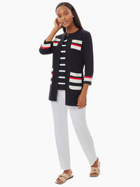 Stripe Pocket Knit Jacket, Black/Ivory/Tango Red | Misook