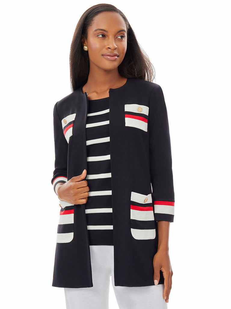 Stripe Pocket Knit Jacket, Black/Ivory/Tango Red | Misook