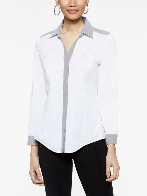 Stripe Trim Stretch Cotton Button-Up Shirt, White/Black, White/Black | Misook