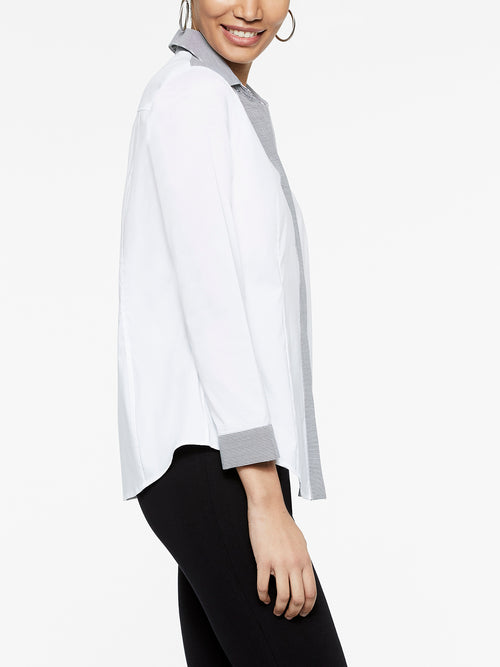 Stripe Trim Stretch Cotton Button-Up Shirt, White/Black, White/Black | Misook