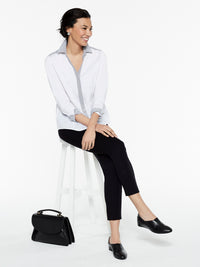 Stripe Trim Stretch Cotton Button-Up Shirt, White/Black, White/Black | Misook