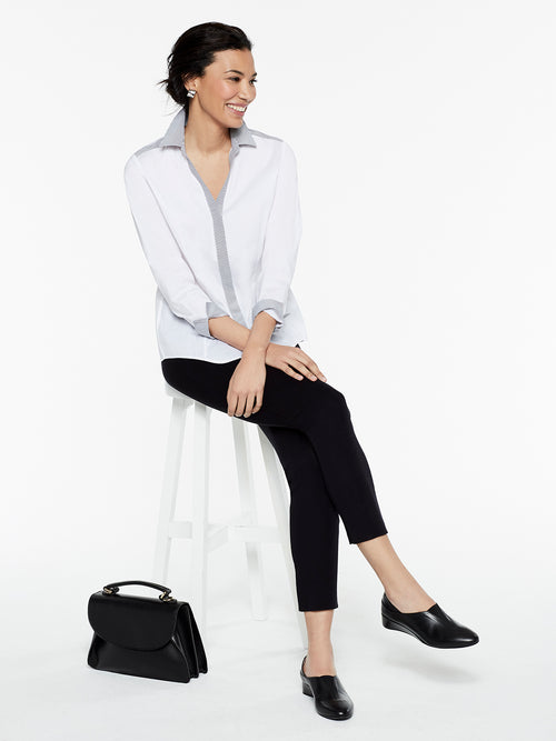 Stripe Trim Stretch Cotton Button-Up Shirt, White/Black, White/Black | Misook