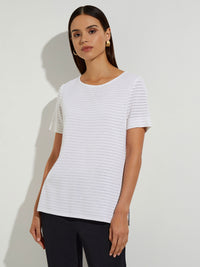 Sheer Textured Stripe Knit Tee, White | Misook