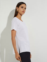 Sheer Textured Stripe Knit Tee, White | Misook