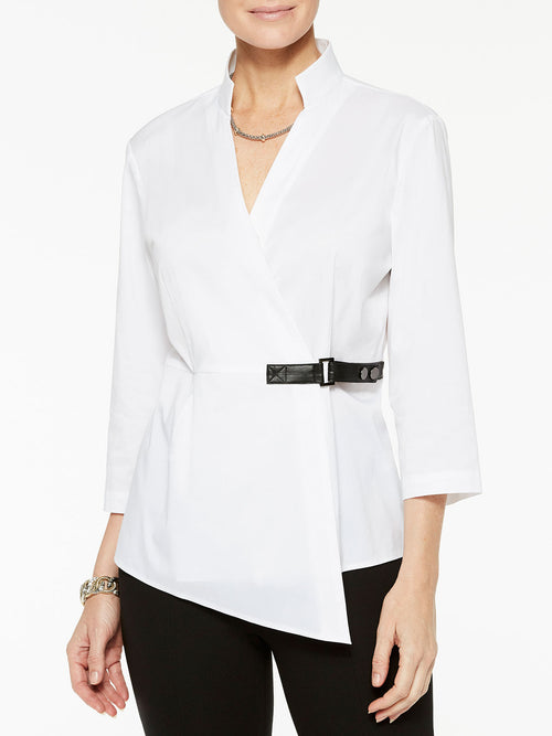Buckle Detail Stretch Cotton Wrap Blouse, White | Misook