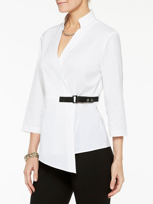 Buckle Detail Stretch Cotton Wrap Blouse, White | Misook