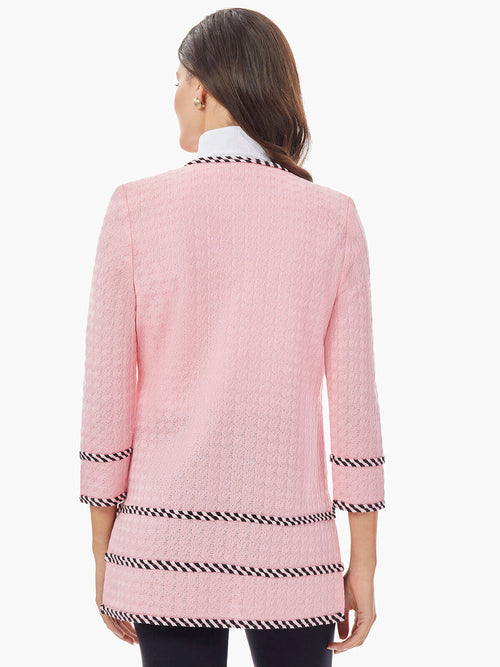 Stripe Trim Grid Knit Jacket, Carnation Pink/Black | Misook