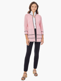 Stripe Trim Grid Knit Jacket, Carnation Pink/Black | Misook