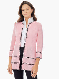 Stripe Trim Grid Knit Jacket, Carnation Pink/Black | Misook