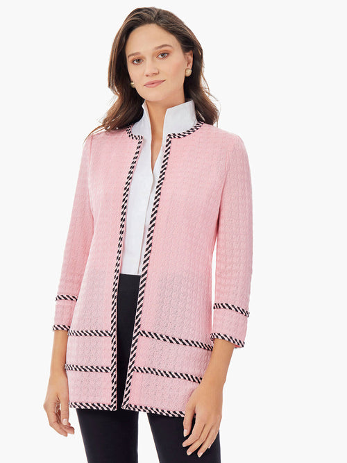 Stripe Trim Grid Knit Jacket, Carnation Pink/Black | Misook