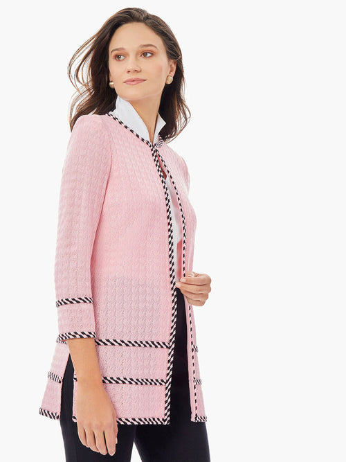 Stripe Trim Grid Knit Jacket, Carnation Pink/Black | Misook