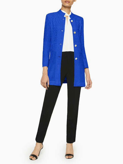 Mandarin Basketweave Knit Jacket, Blue Flame, Blue Flame | Misook